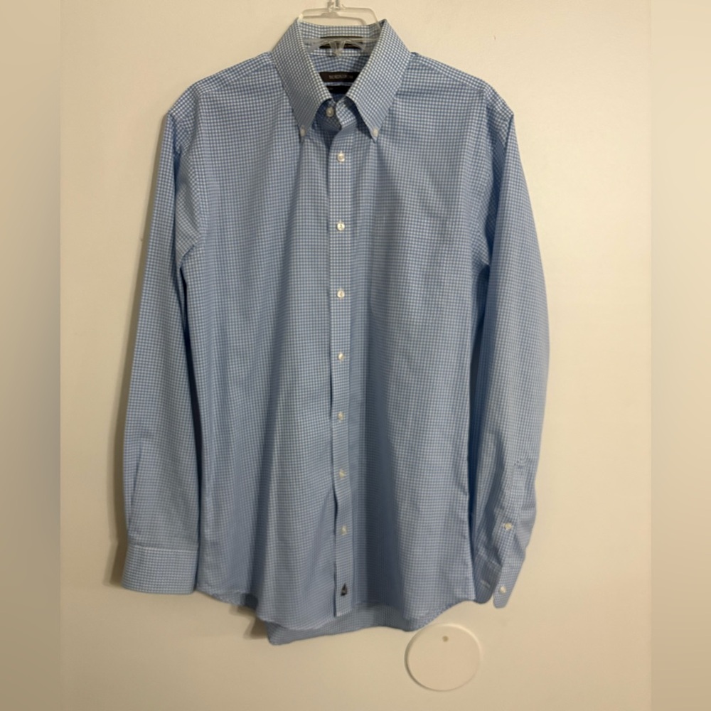 Nordstrom Trim Fit Light Blue Checkered Dress Shirt wrinkle Free 15 1/2 34/35